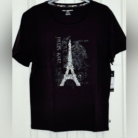 Karl Lagerfeld Tops - Karl Lagerfeld Black Crew Neck Tee with Fabulous graphic, NEW, Luxury